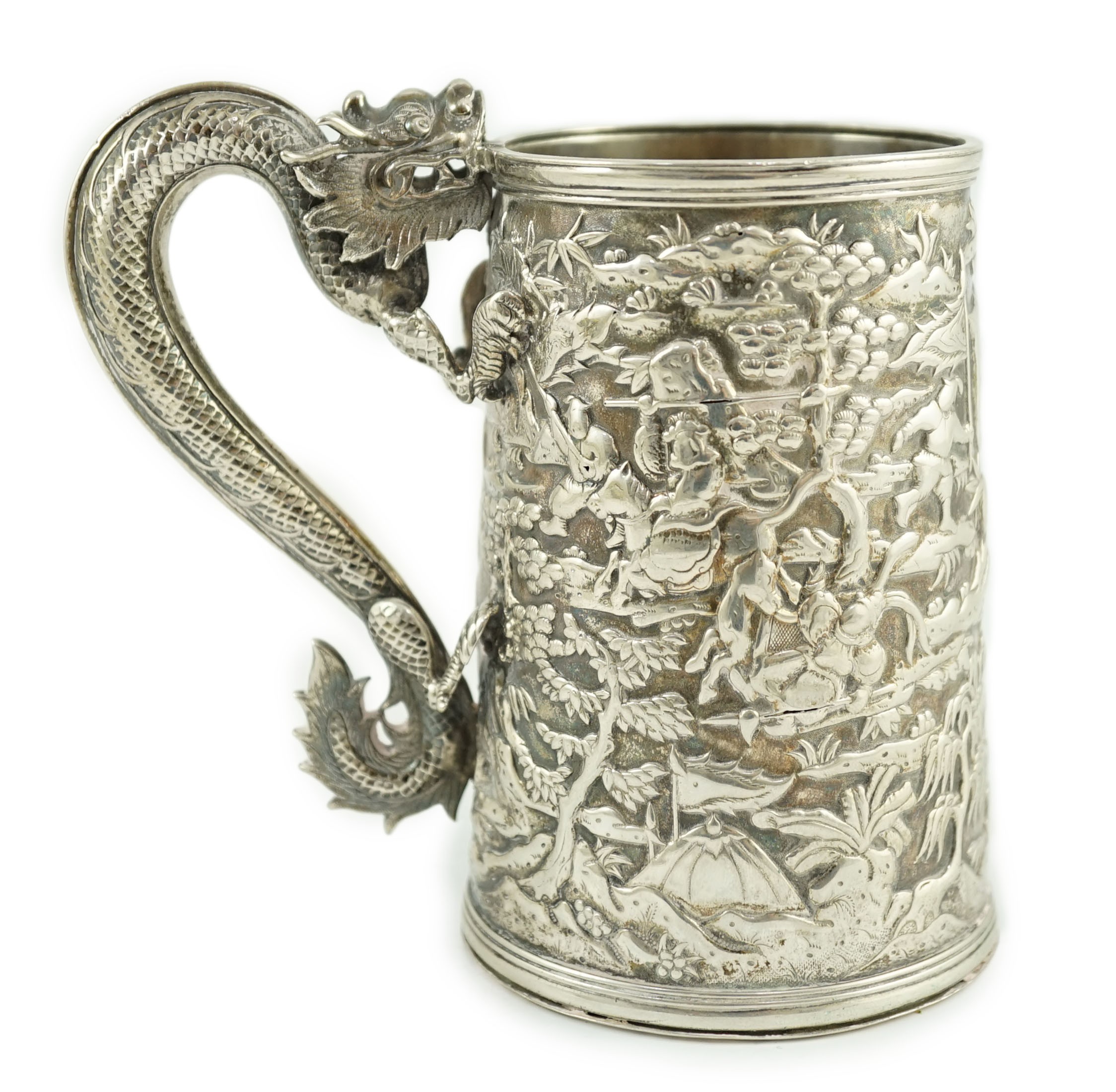A 19th century Chinese Export double skinned silver mug, by Leeching (a.f.)